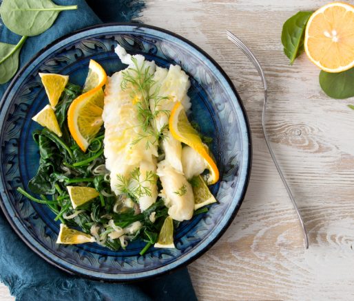 Baked Halibut with Blanched Spinach