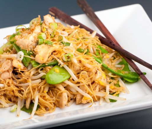Chicken Stir Fry with Sugar Snap Peas and Gluten-Free Rice Noodles